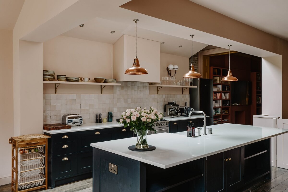 Colorful Walls in an English Victorian Townhouse 7 dark blue kitchen with island and light pink walls nordroom