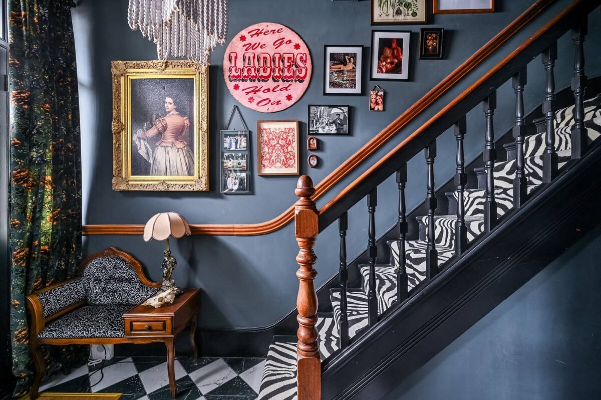 An Eclectic Victorian Townhouse in London 8 dark-gray-hallway-zebra-stair-runner-nordroom