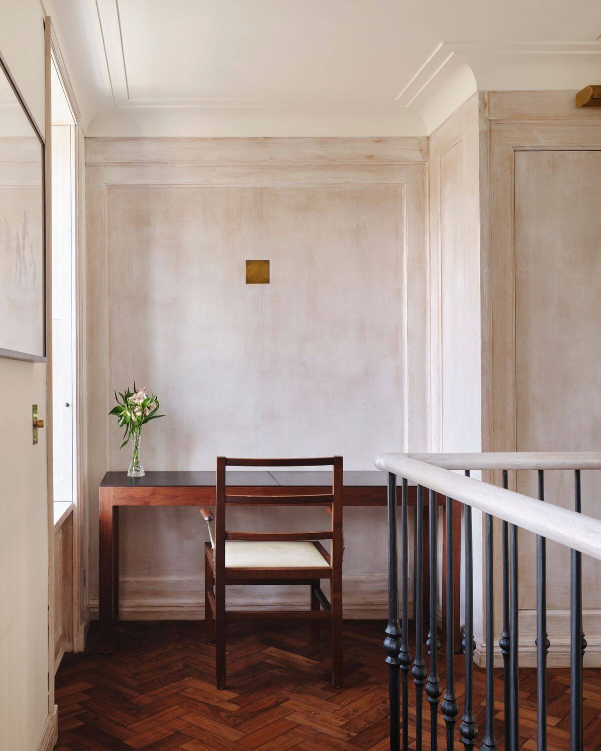 A New York Penthouse with a Rooftop Cottage 8 desk home office wooden herringbone floor
