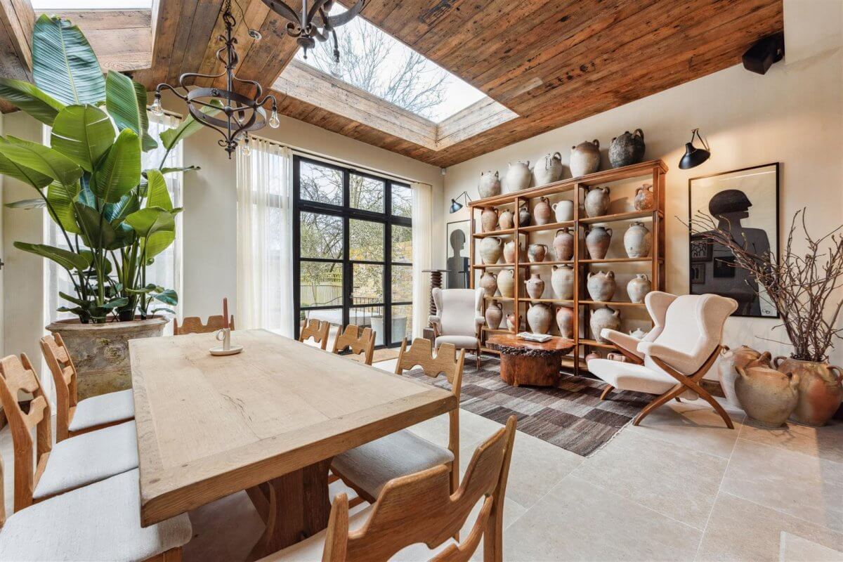 Modern Rustic Interiors in an Edwardian House in London 15 dining area with rustic wooden ceiling