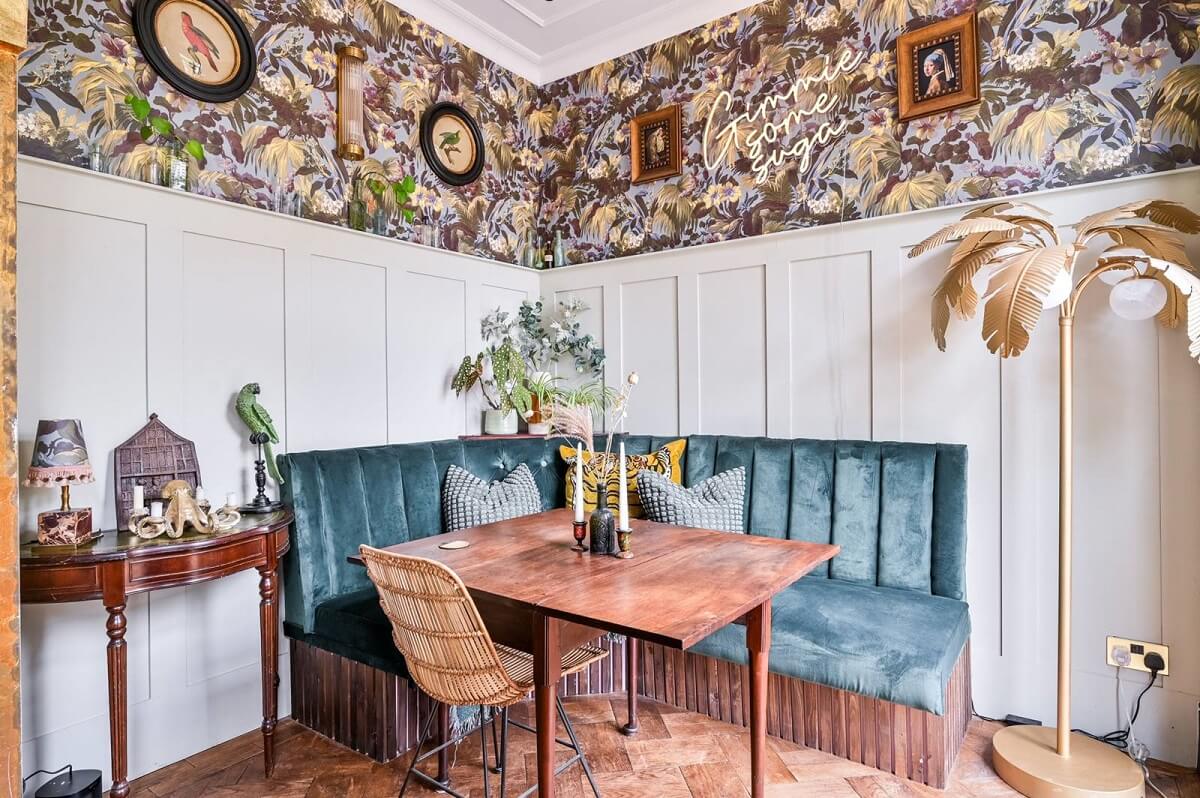 An Eclectic Victorian Townhouse in London 6 dining-table-built-in-bench-green-velvet-upholstery-nordroom