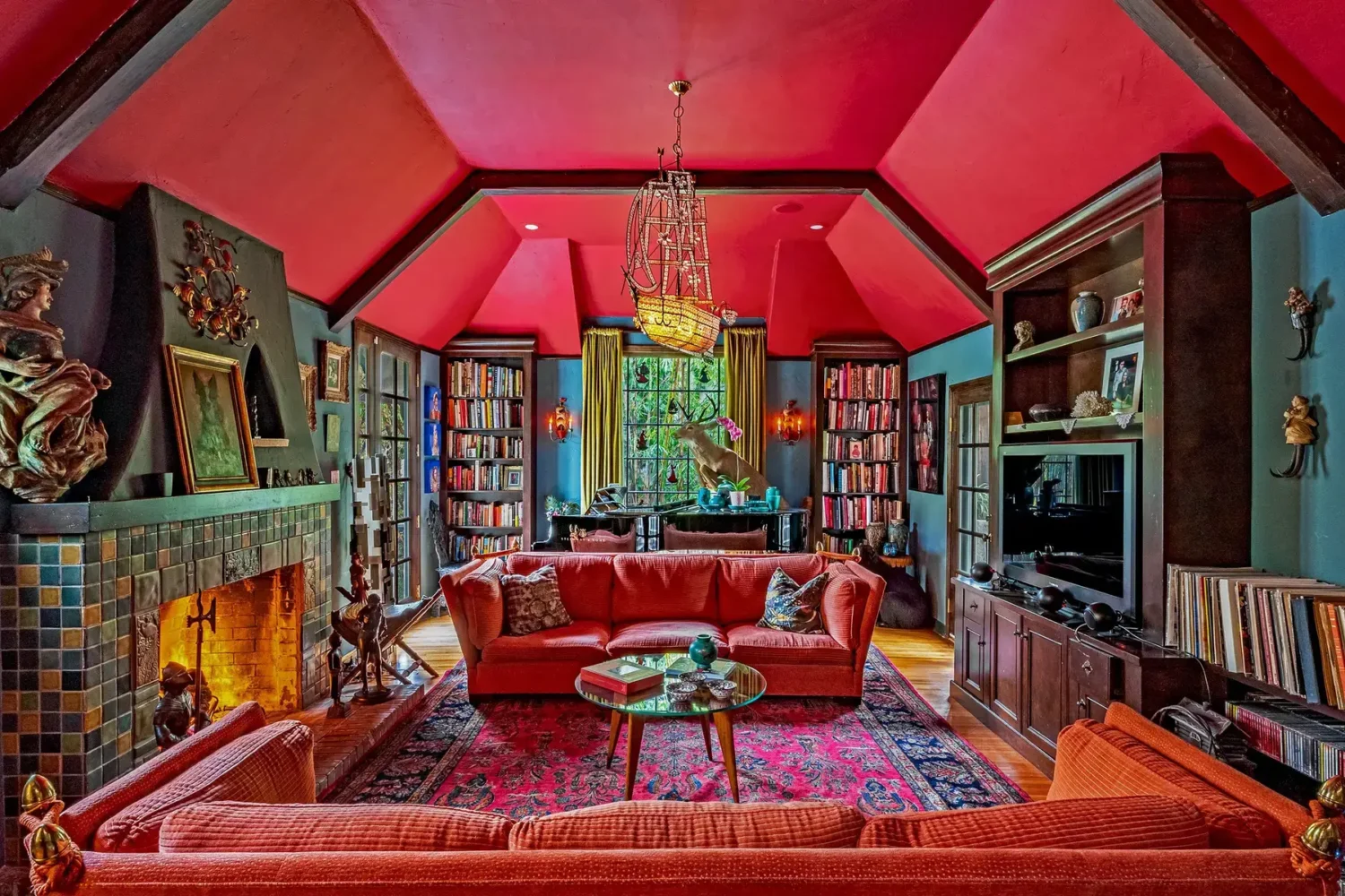 27 Statement Ceiling Ideas That Will Spruce Up Any Room 5 eclectic-bold-living-room-pink-painted-pitched-ceiling-nordroom
