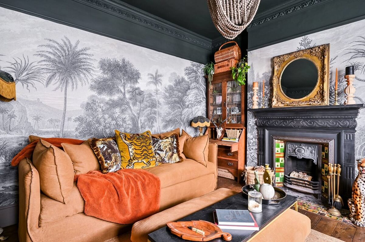 An Eclectic Victorian Townhouse in London 2 eclectic-gray-living-room-murals-fireplace-nordroom