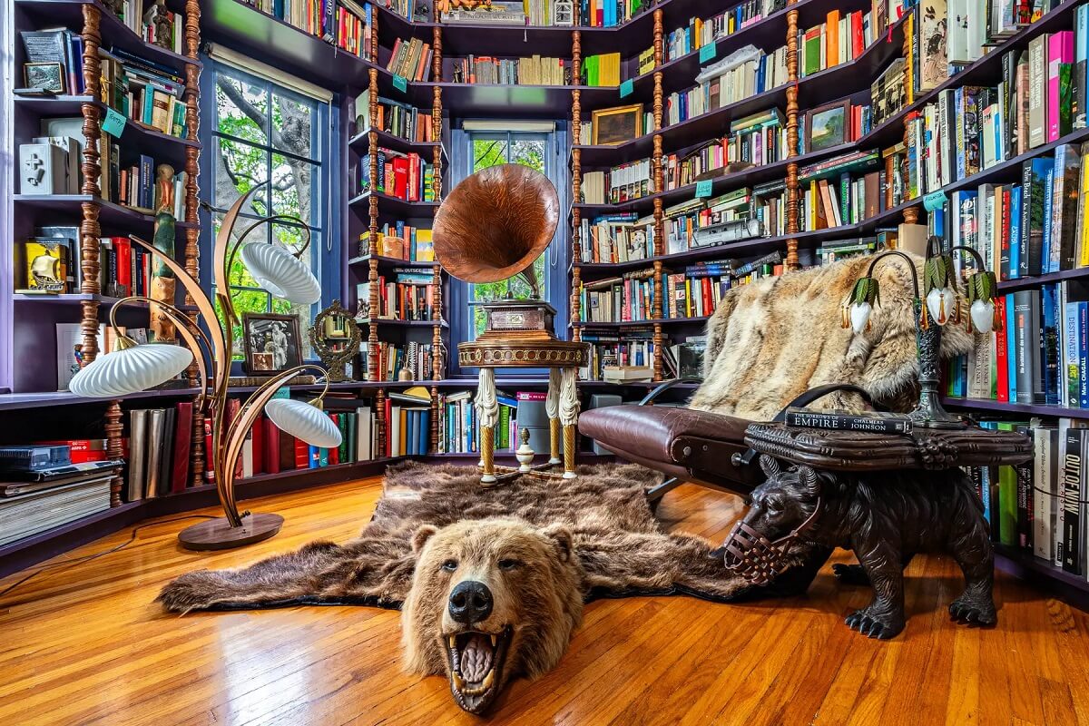 Rufus Wainwright's Colorful Laurel Canyon Home 3 floor to ceiling bookshelves library