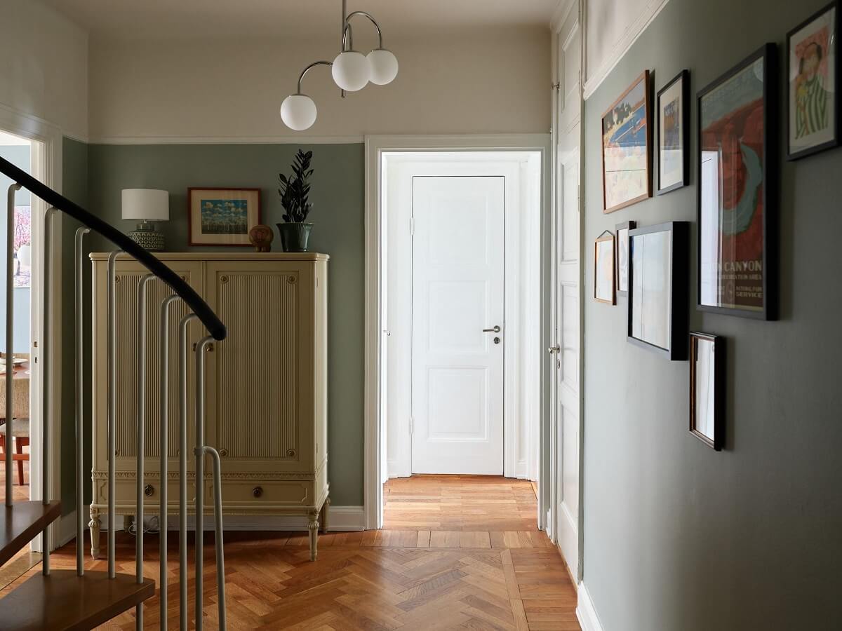 Green Tones in a Renovated Stockholm Duplex Apartment 11 gray hallway