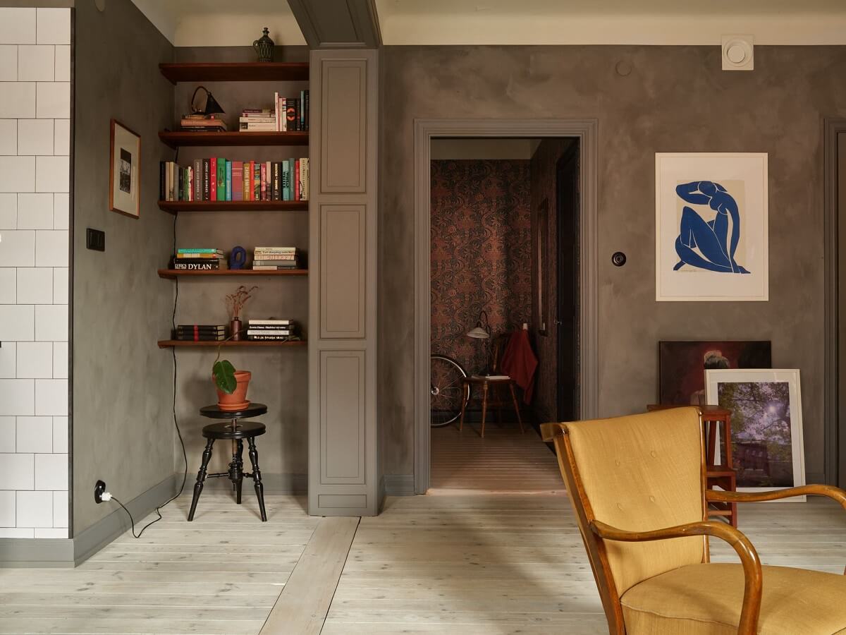 Cozy Vintage Style in a Swedish 1920s Apartment 7 gray living room walls niche with shelves nordroom