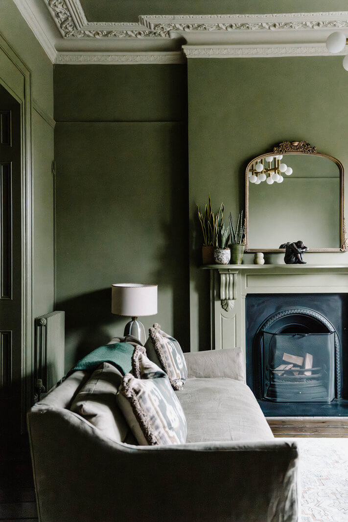 Colorful Walls in an English Victorian Townhouse 3 green living room fireplace