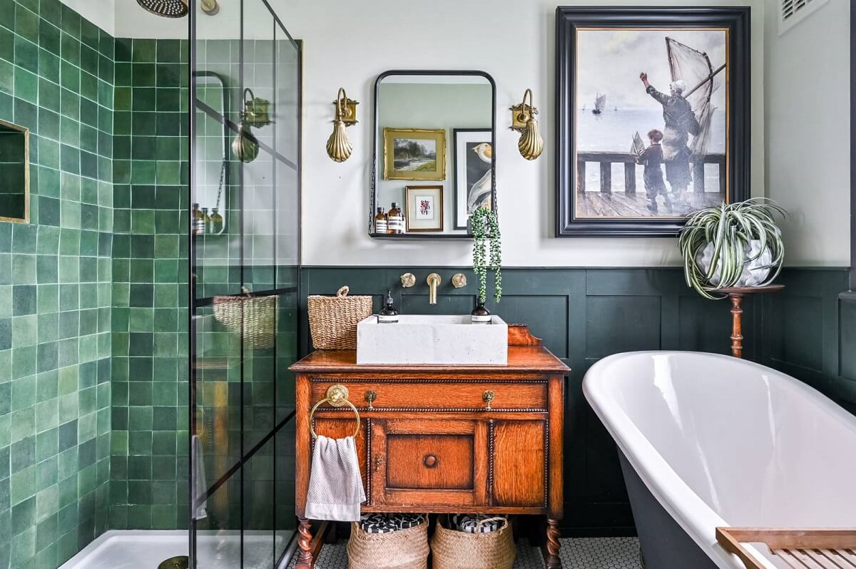 Best of 2024: Bathrooms 19 green-tiles-walk-in-shower-antique-vanity-nordroom