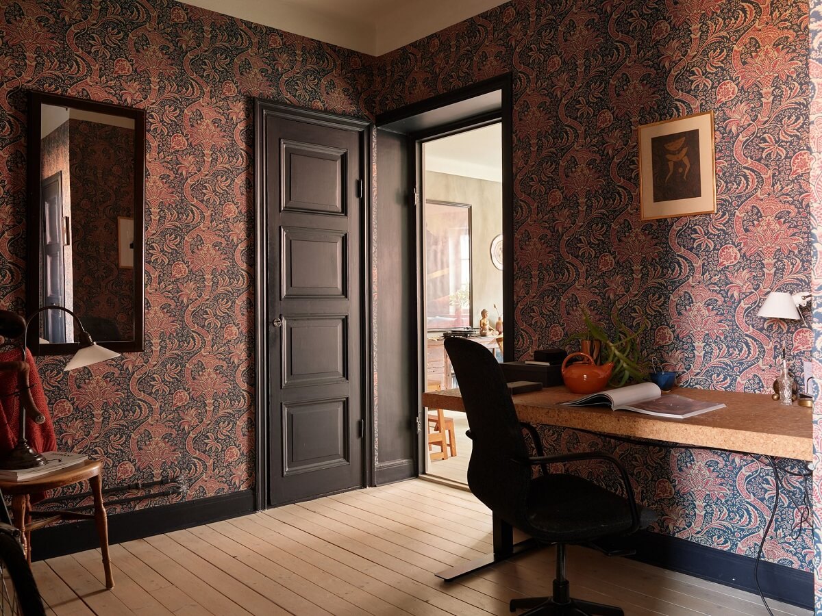 Cozy Vintage Style in a Swedish 1920s Apartment 15 hallway william morris wallpaper home office nordroom