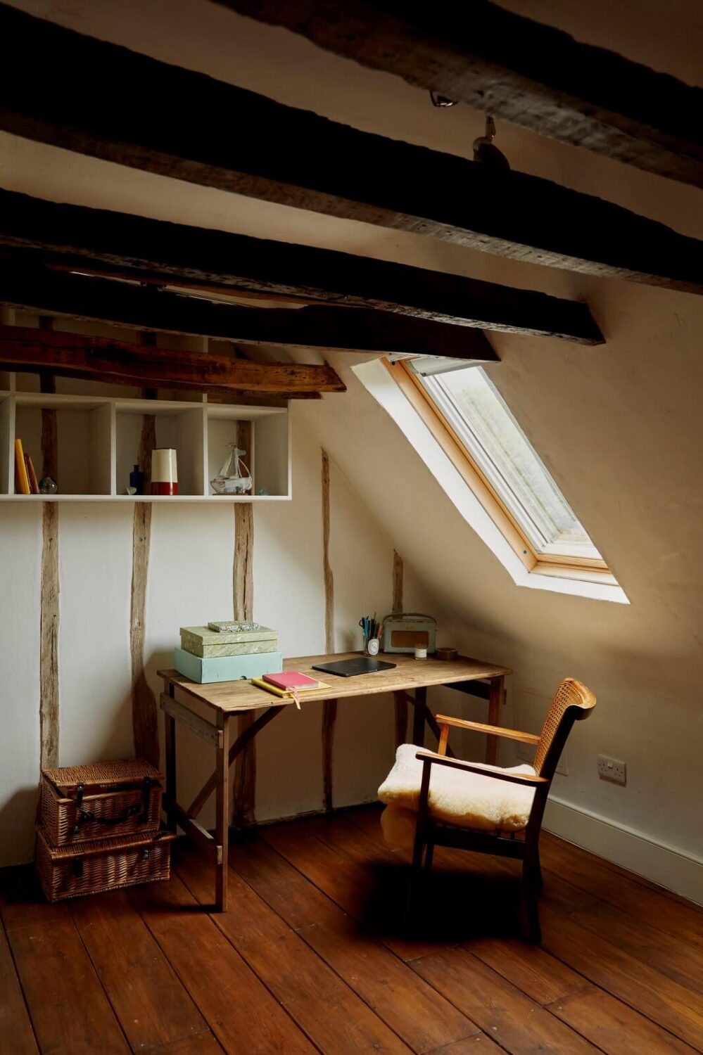 A Cozy Home with Exposed Beams in a Former Post Office 14 home-office-slanted-ceiling-exposed-beams
