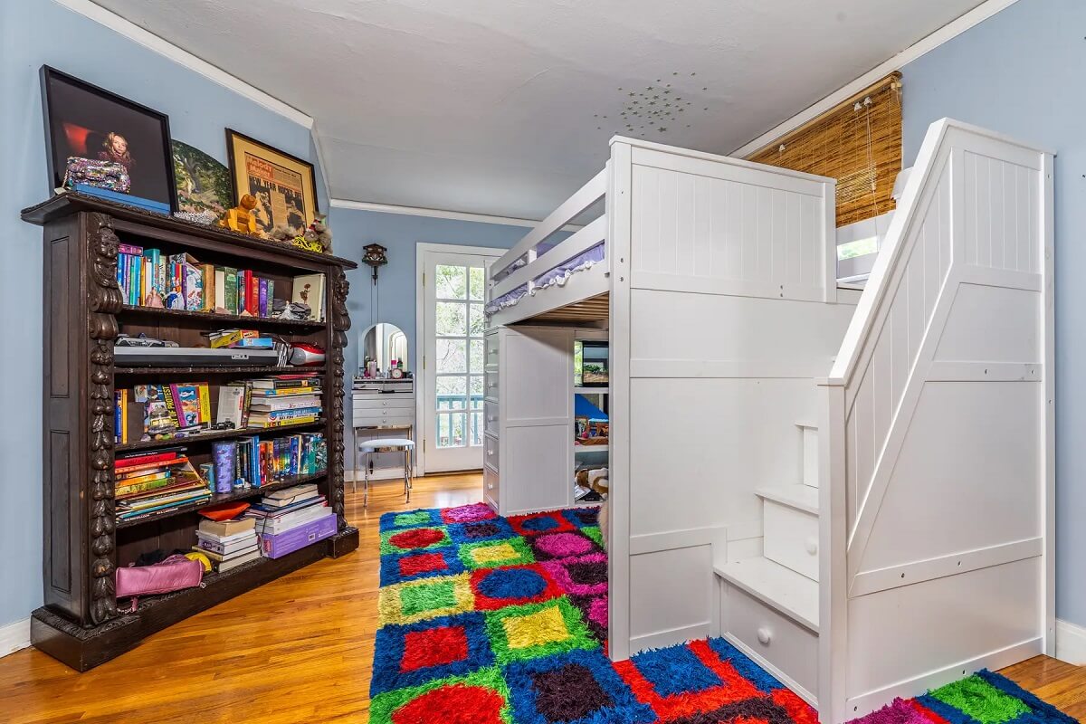 Rufus Wainwright's Colorful Laurel Canyon Home 11 kids bedroom bunk bed colorful rug