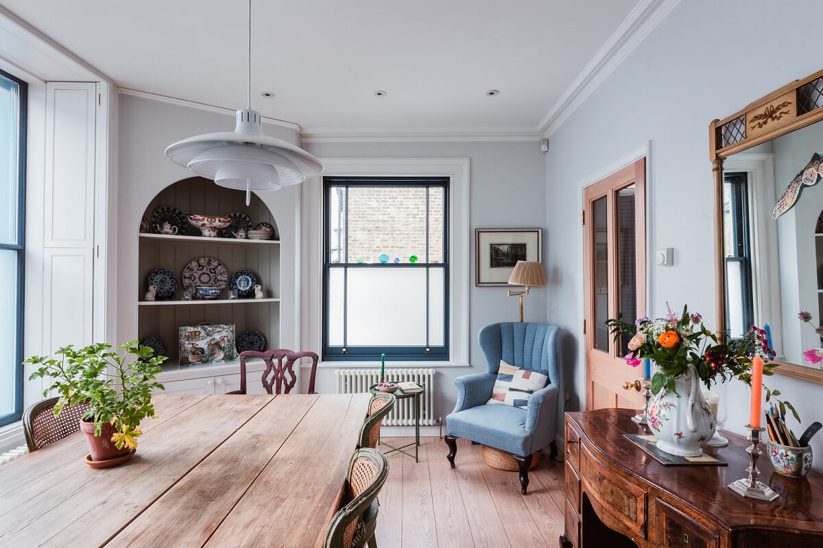 A Home with Cottage Interiors in a Former Cambridge Shop 2 kitchen dining room light blue walls nordroom
