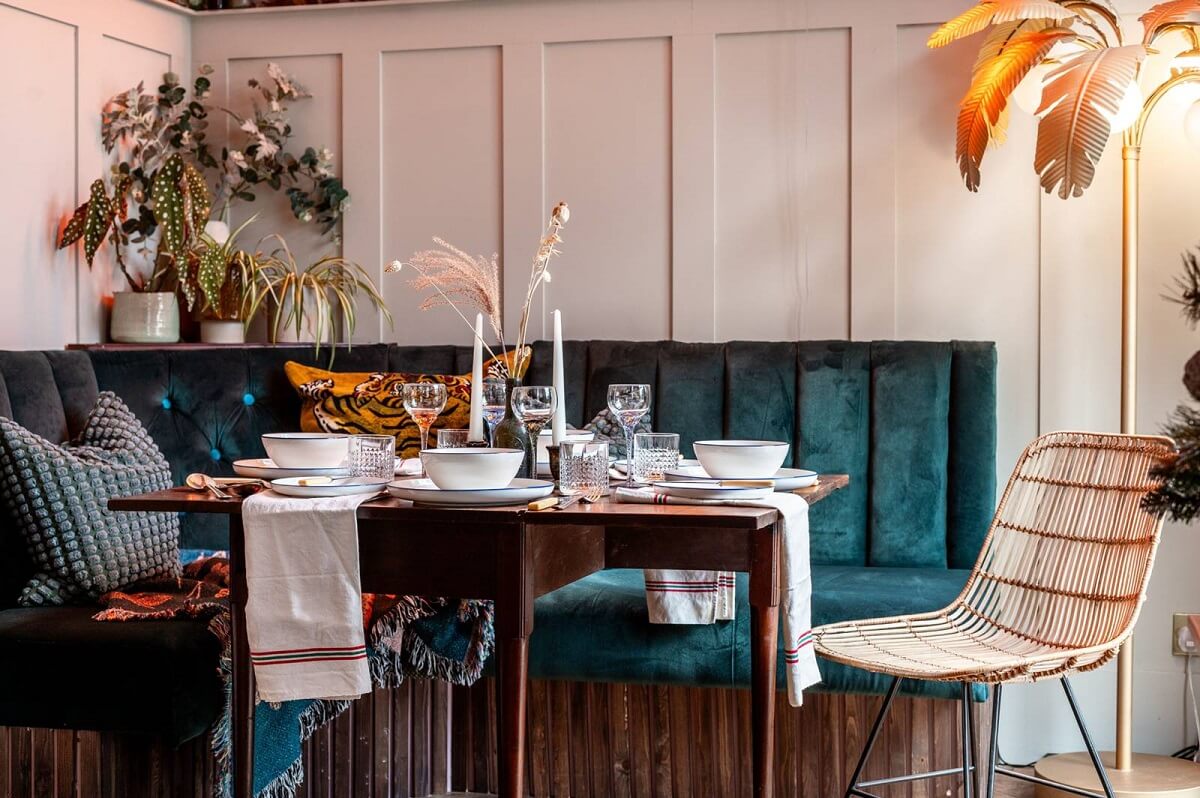 An Eclectic Victorian Townhouse in London 7 kitchen-dining-space-velvet-green-bench-nordroom
