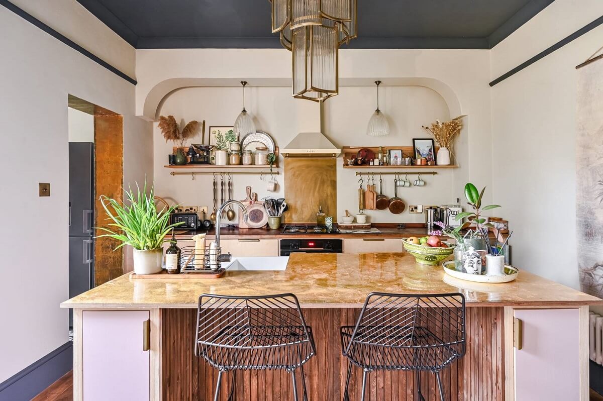 An Eclectic Victorian Townhouse in London 4 kitchen-with-island-shelves-gray-painted-ceiling-nordroom