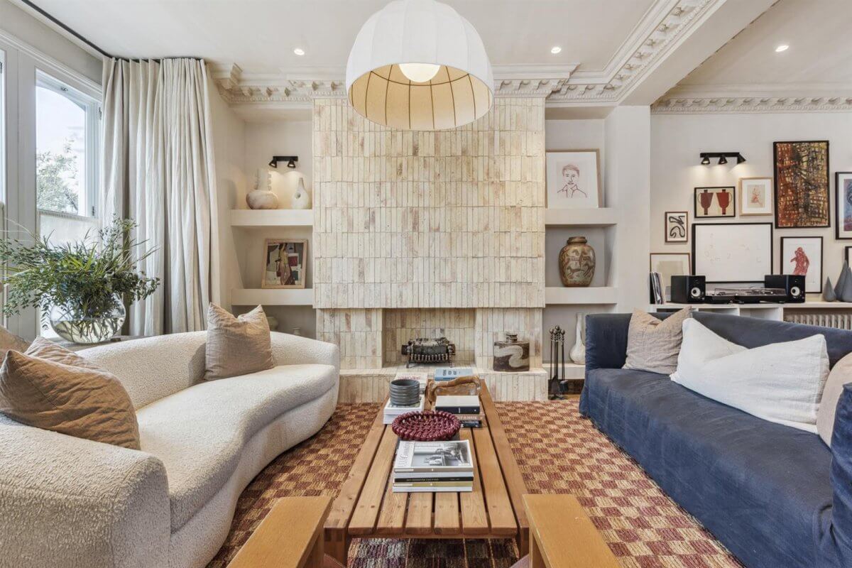 Modern Rustic Interiors in an Edwardian House in London 2 living room with checkerboard rug