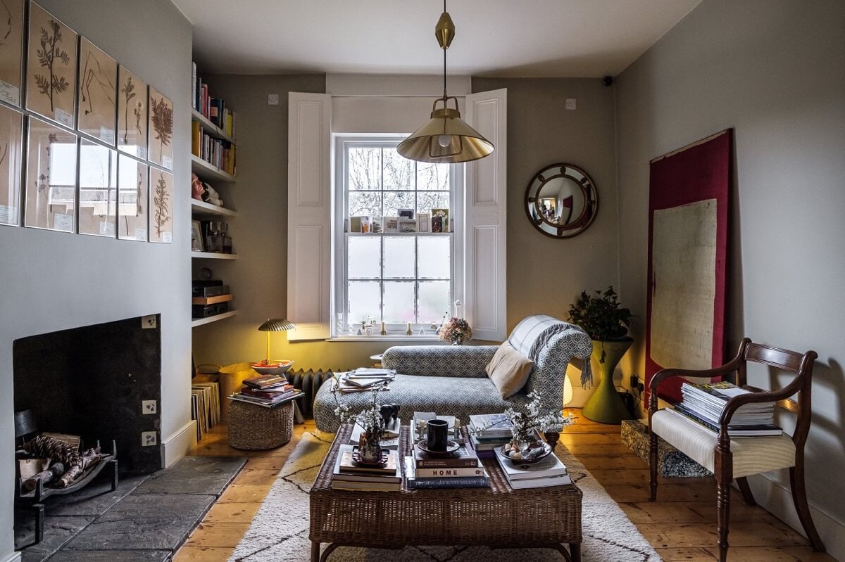A Cozy and Charming Georgian Townhouse in London 4 living room with fireplace and wooden floor