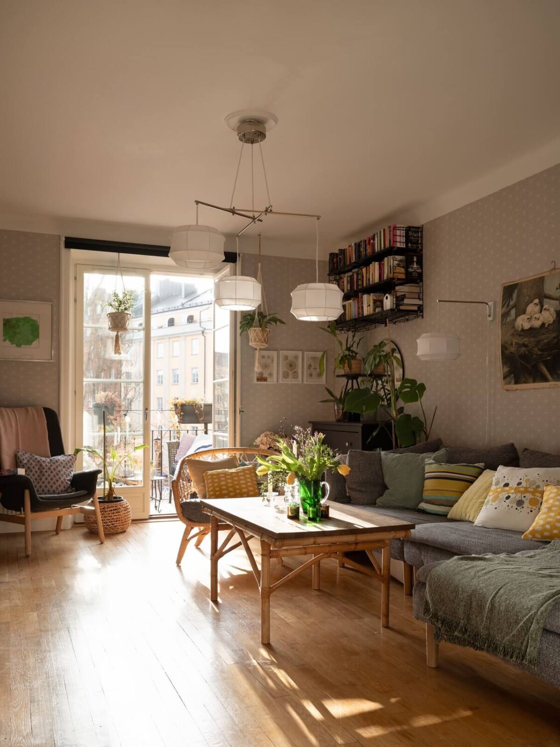 natural light floods into scandinavian living room with gray walls