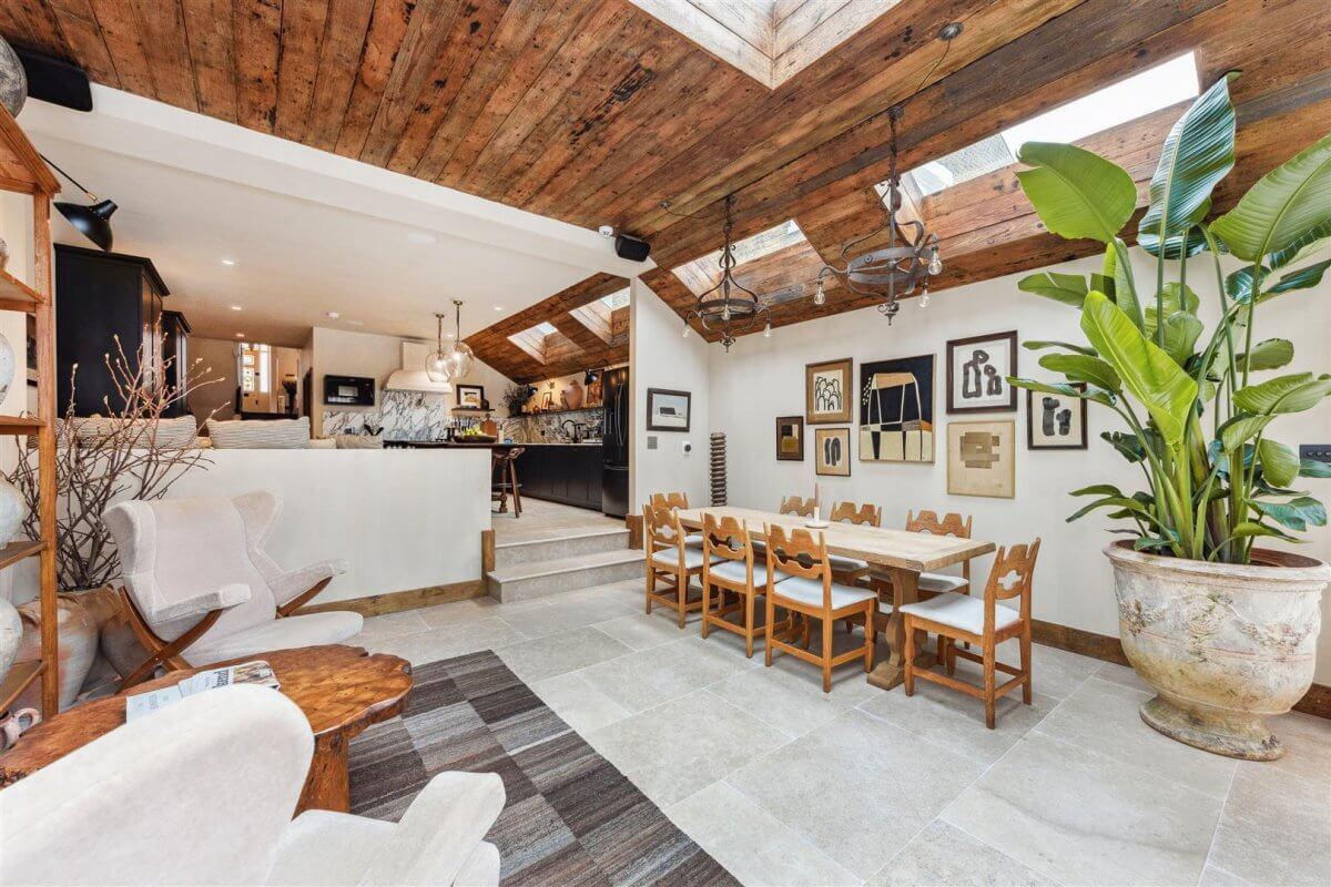 Modern Rustic Interiors in an Edwardian House in London 14 open plan kitchen living space with rustic wooden ceiling