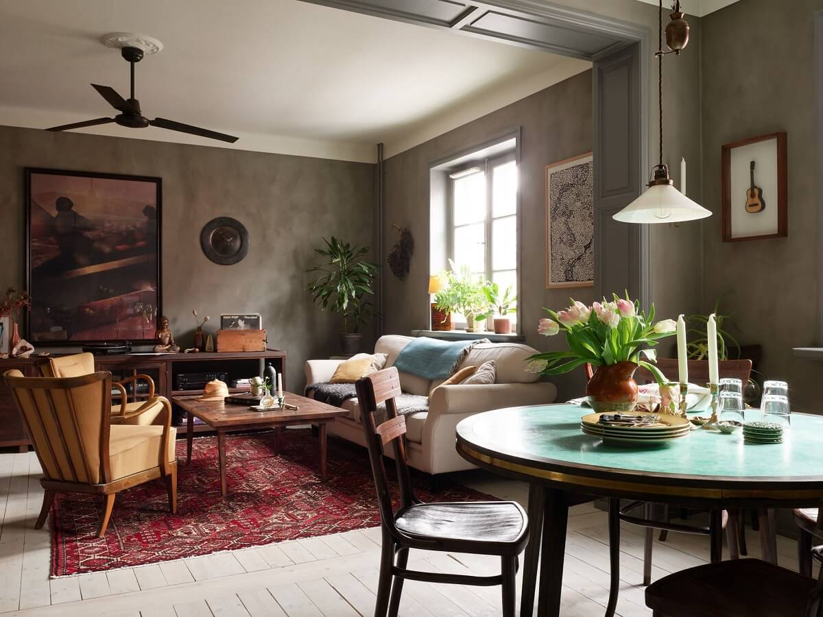 Cozy Vintage Style in a Swedish 1920s Apartment 10 open plan living room kitchen gray limewash walls nordroom