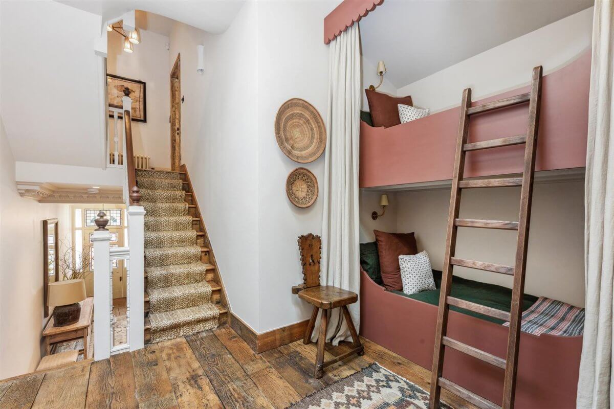 Modern Rustic Interiors in an Edwardian House in London 27 pink bunk beds
