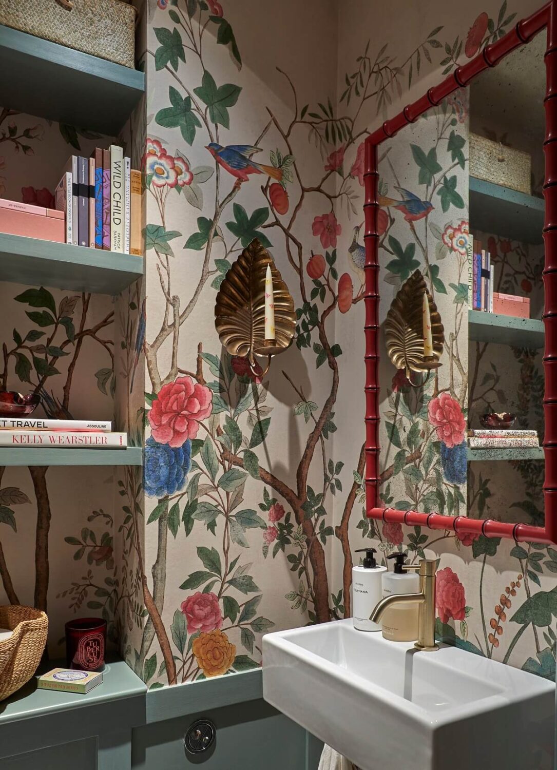 50+ Rooms That Prove ‘The Unexpected Red Theory’ Really Works 4 powder room with wallpaper and red mirror nordroom