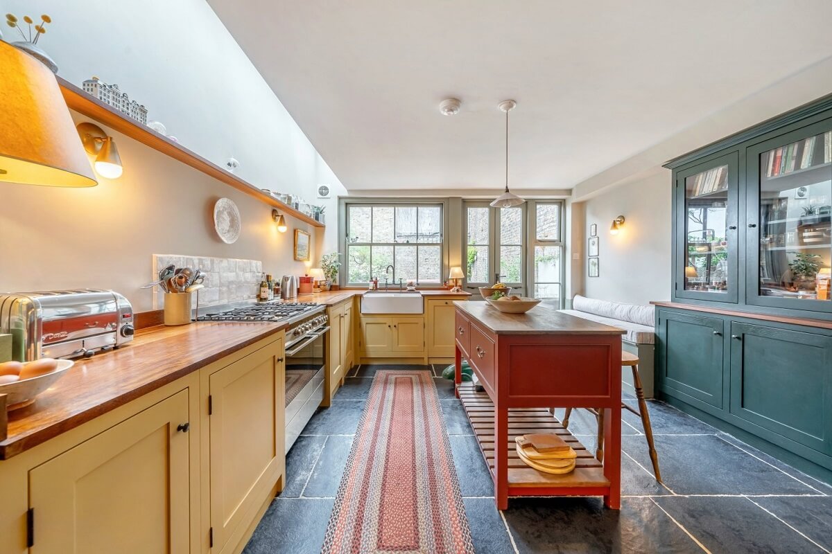 A Colorful Historic Family Home in London 5 red yellow blue kitchen