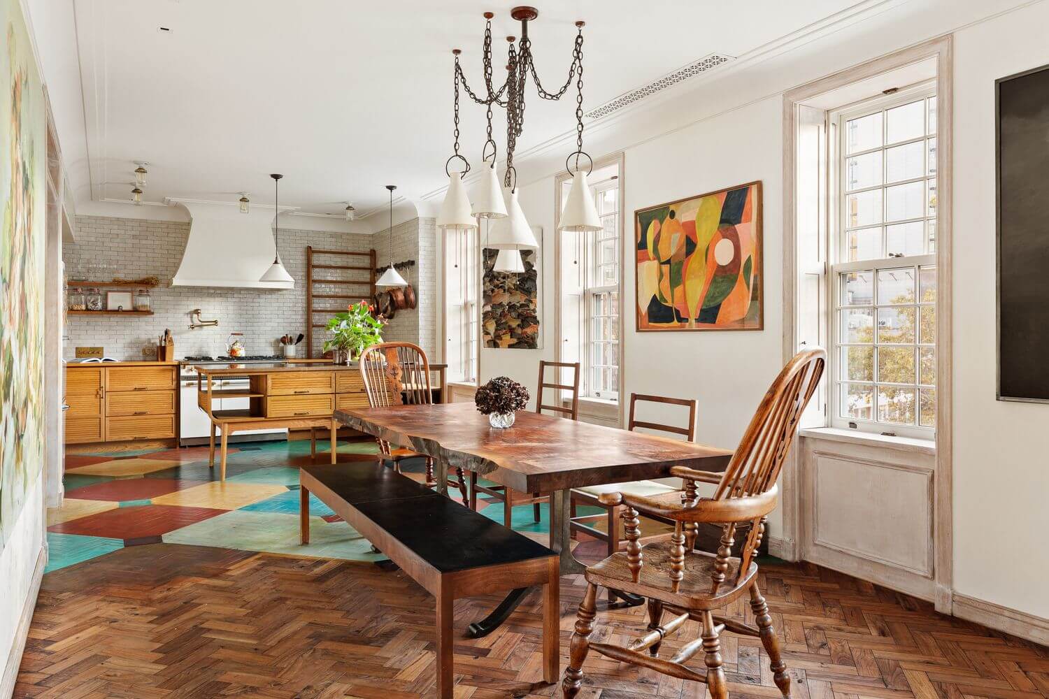 A New York Penthouse with a Rooftop Cottage 4 spacious kitchen dining room with devol kitchen and colorful floor nordroom