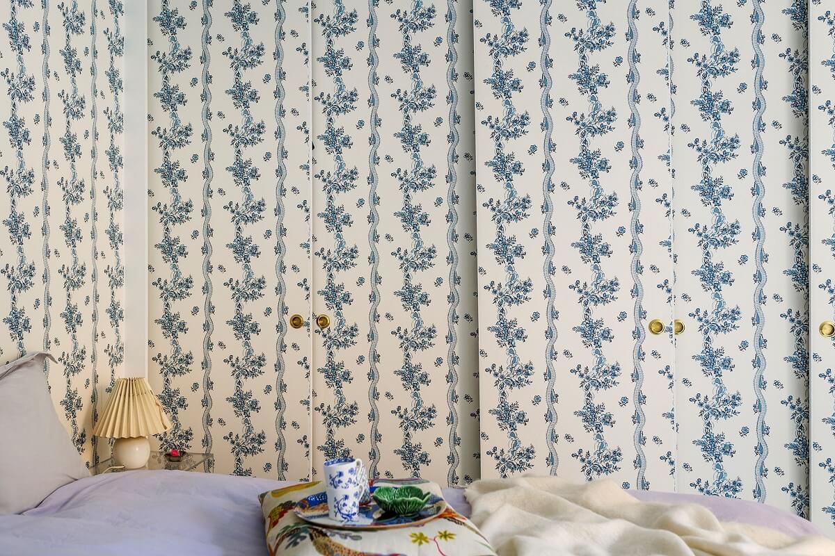 A Small Split-Level Apartment in Stockholm 13 wallpapered sliding wardrobe doors