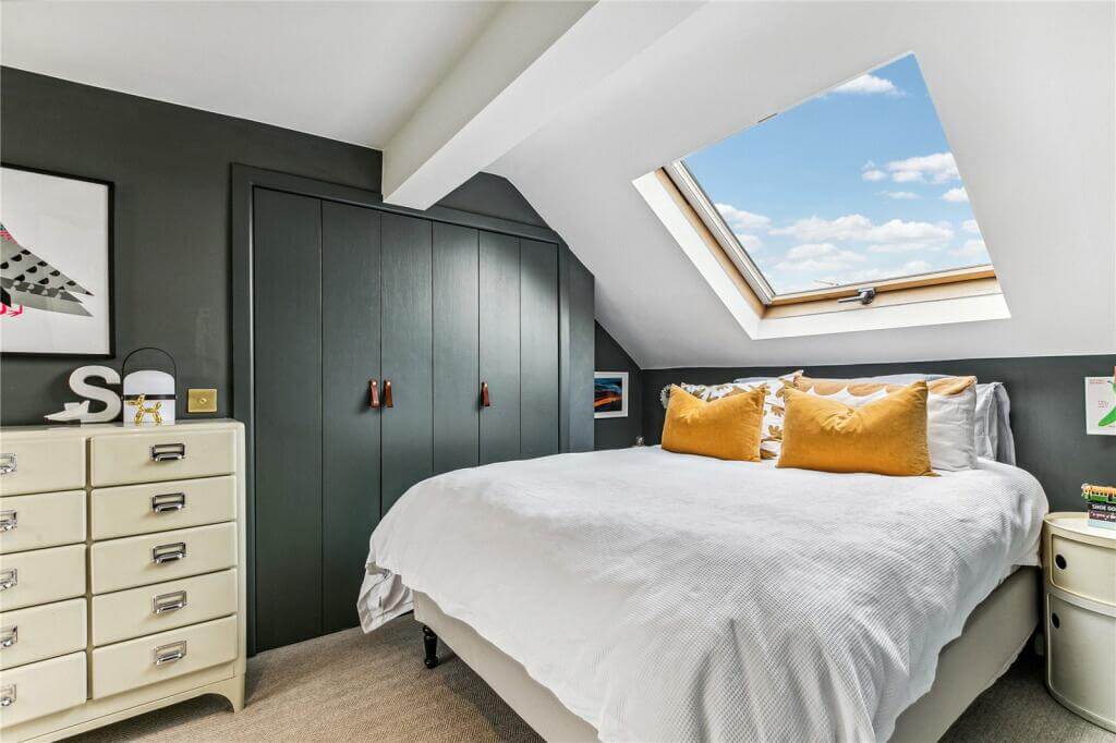 An Extended Victorian House Decorated in Gray Tones 14 attic bedroom with skylight and built in wardrobes