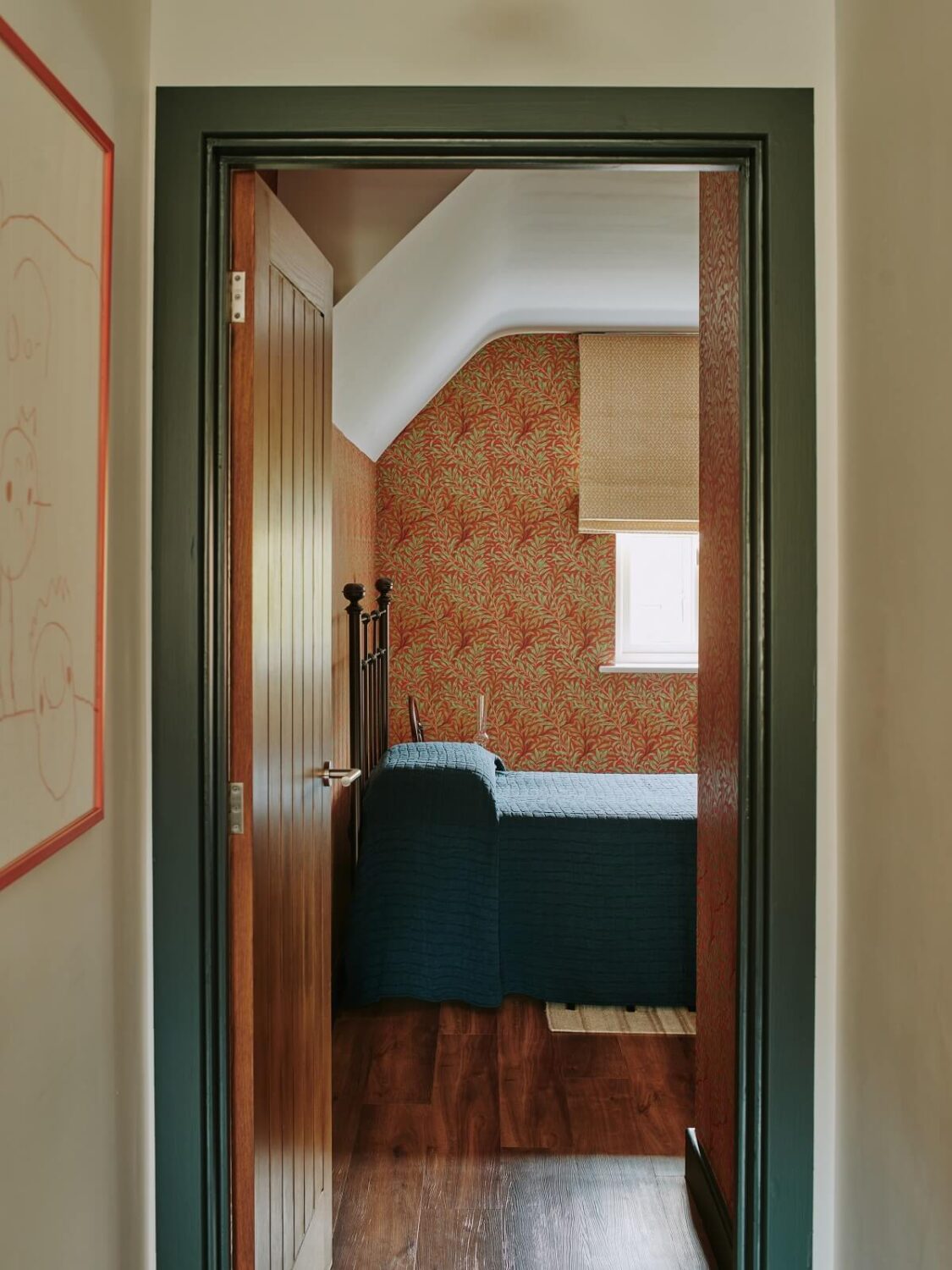Persian and British Influences in a Cotswolds Family Home 16 bedroom-slanted-ceiling-wallpaper-nordroom