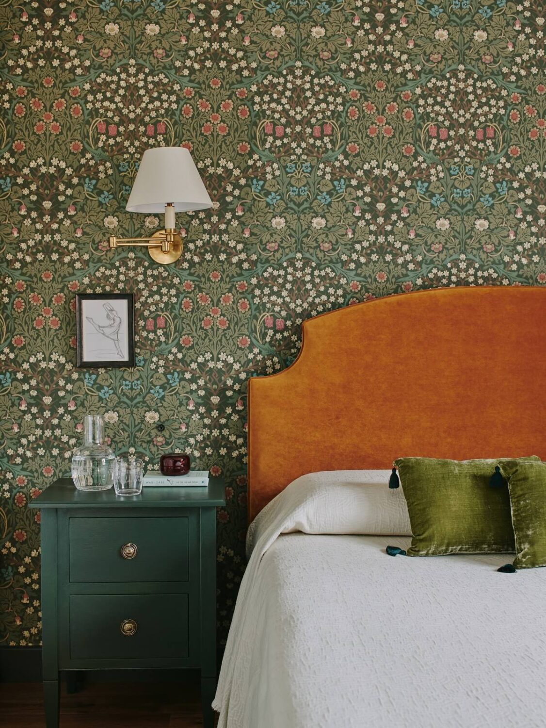 Persian and British Influences in a Cotswolds Family Home 14 bedroom-william-morris-wallpaper-ochre-velvet-headboard-studio-november-nordroom