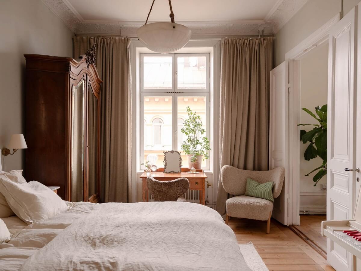Elsa Billgren's Serene Stockholm Apartment is For Sale 16 bedroom with antique wardrobe and vanity table