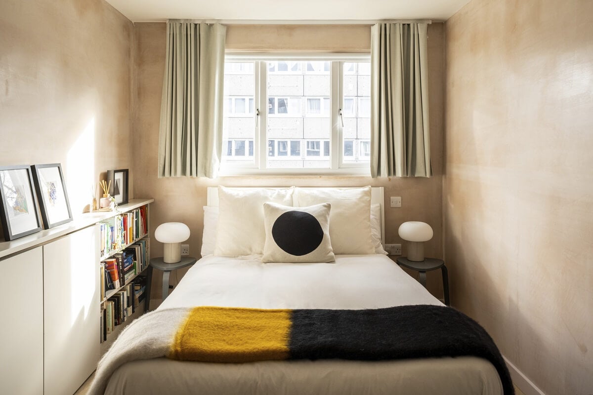 A Modern London Home with Plaster Walls 15 bedroom with plaster walls and bookcases