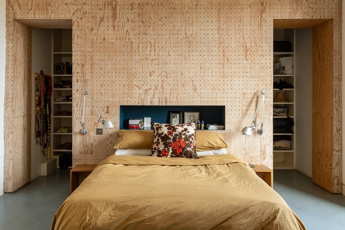 An Industrial English Loft with Yellow Color Pops 12 bedroom with wooden wall