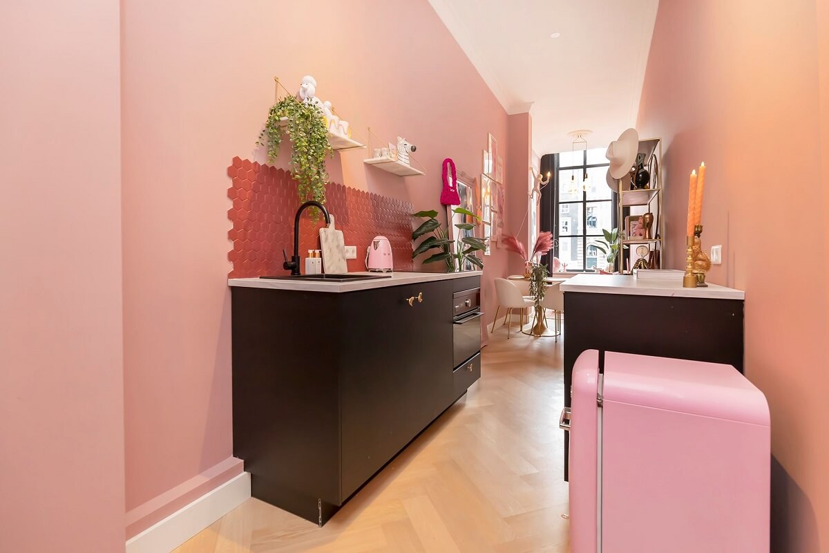 A Renovated Canal House with a Separate Pink Studio Apartment 23 black kitchen cabinets in pink studio apartment