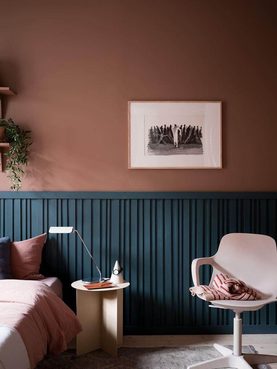 A Beautiful Color Palette in a Scandinavian Family Apartment 27 blue and terrcotta colored bedroom nordroom