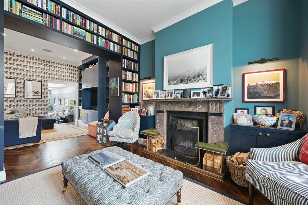 A London Family Home with Blue Color Accents 2 blue walls in living room