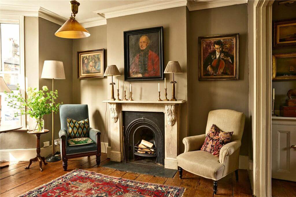 A Warm Muted Color Palette in a Victorian House 4 calm color palette in historic living room with fireplace