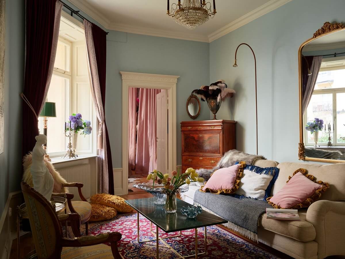 A Classic & Cozy Apartment Painted in Pastel Pink and Blue 1 classic-pastel-blue-living-room-nordroom