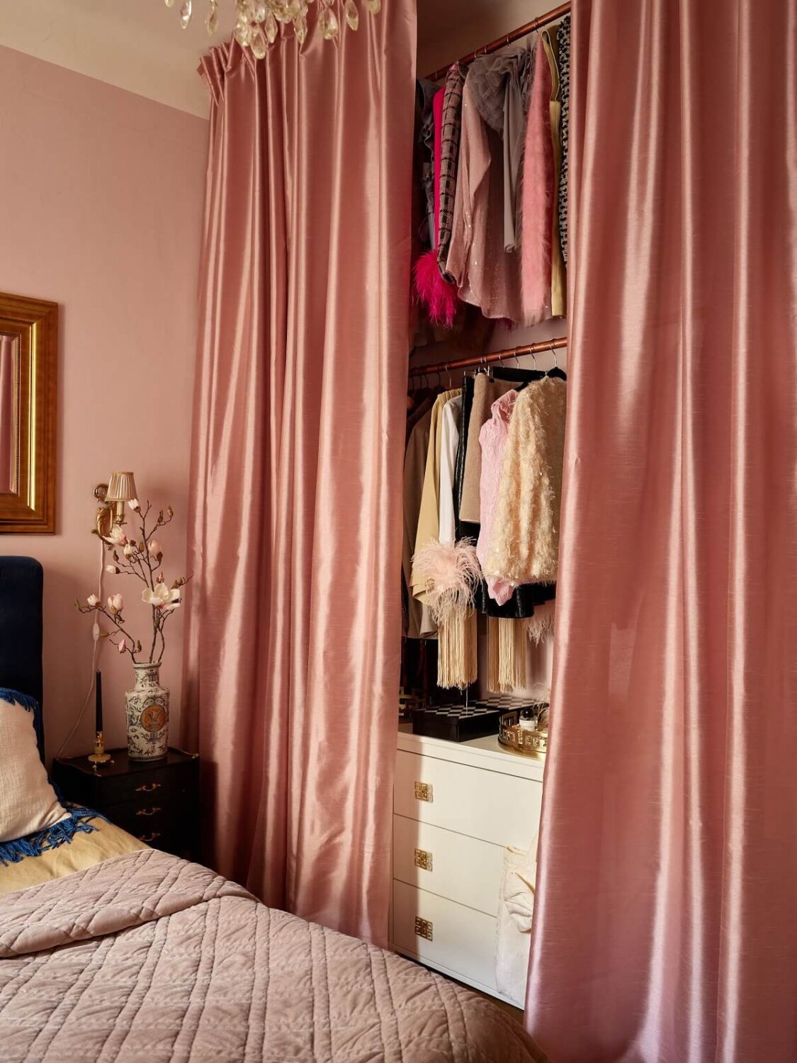Small Bedroom Decorating Ideas That You'll Love 20 closet-hidden-by-pink-curtain-bedroom-nordroom