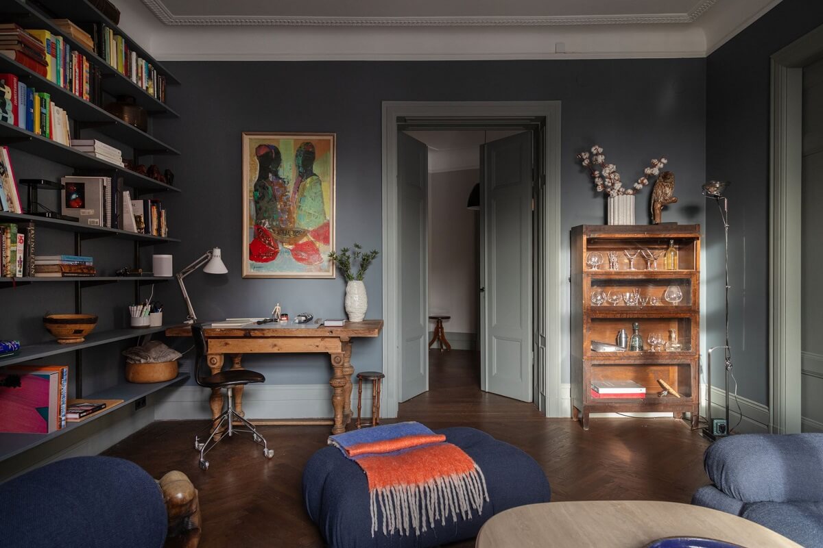 Moody Rooms in a Grand Stockholm Apartment 7 dark blue home library and home office