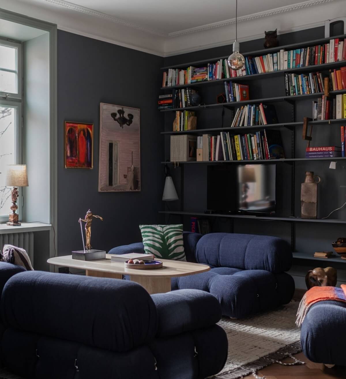 Moody Rooms in a Grand Stockholm Apartment 4 dark blue living room home library