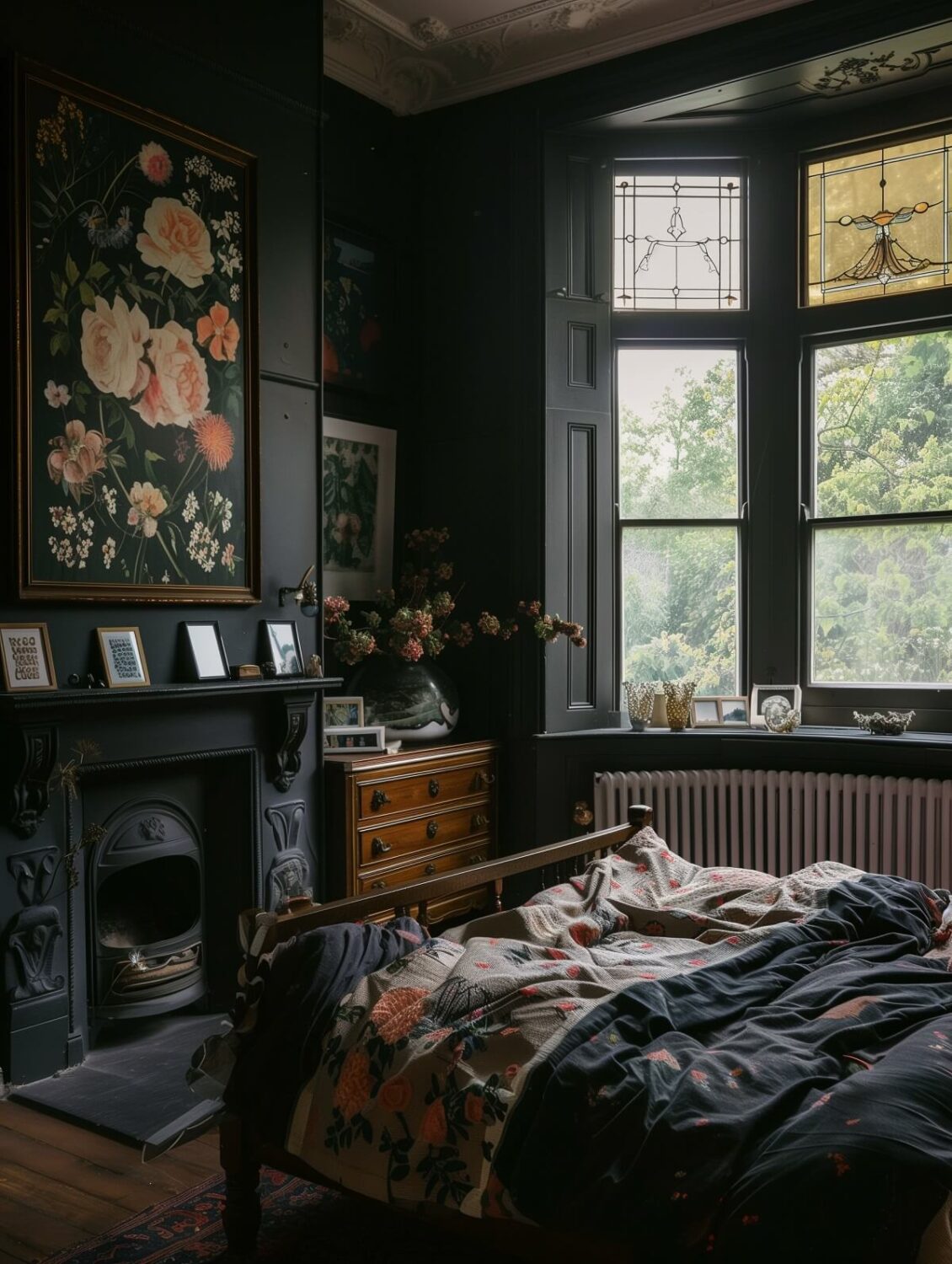 Beautiful Dark Feminine Bedroom Ideas For Every Style 12 dark feminine bedroom with floral art and fireplace nordroom