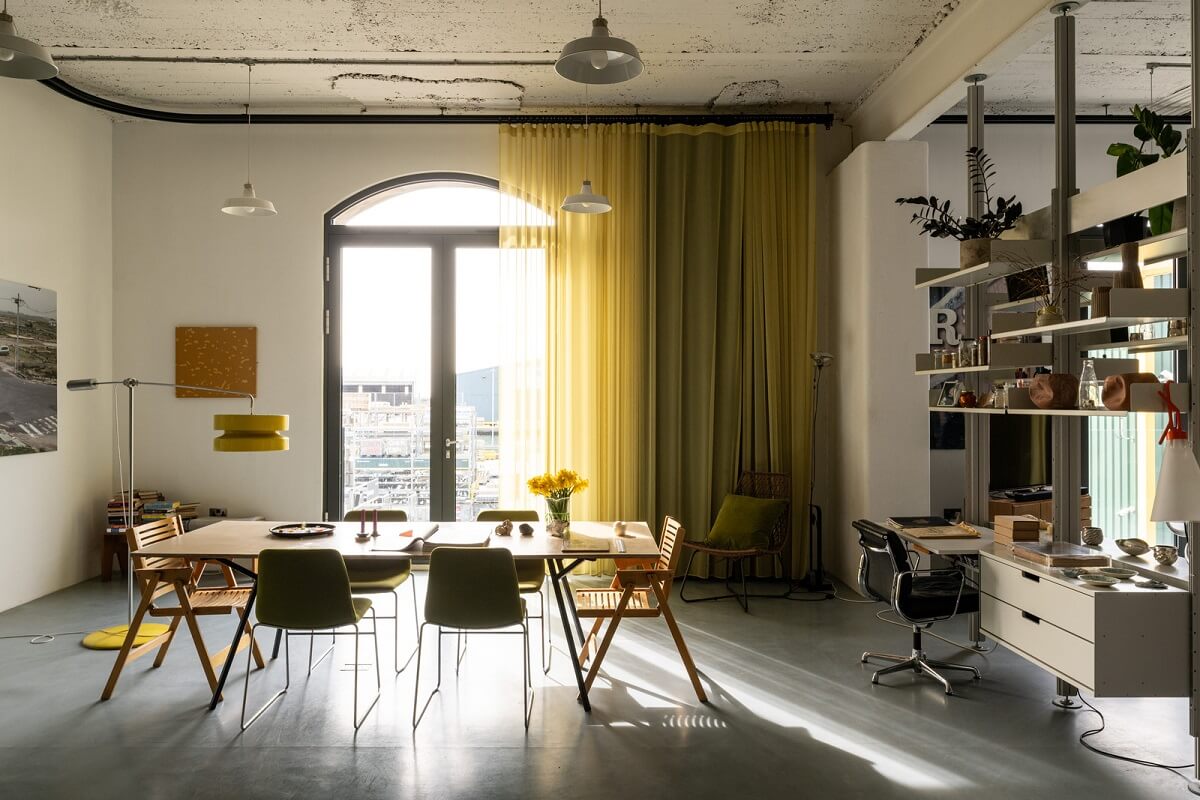 An Industrial English Loft with Yellow Color Pops 4 dining space in loft