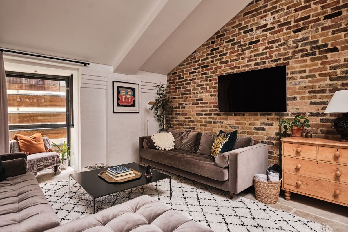 A London Warehouse Conversion with a Black deVOL Kitchen 7 exposed brick walls living room