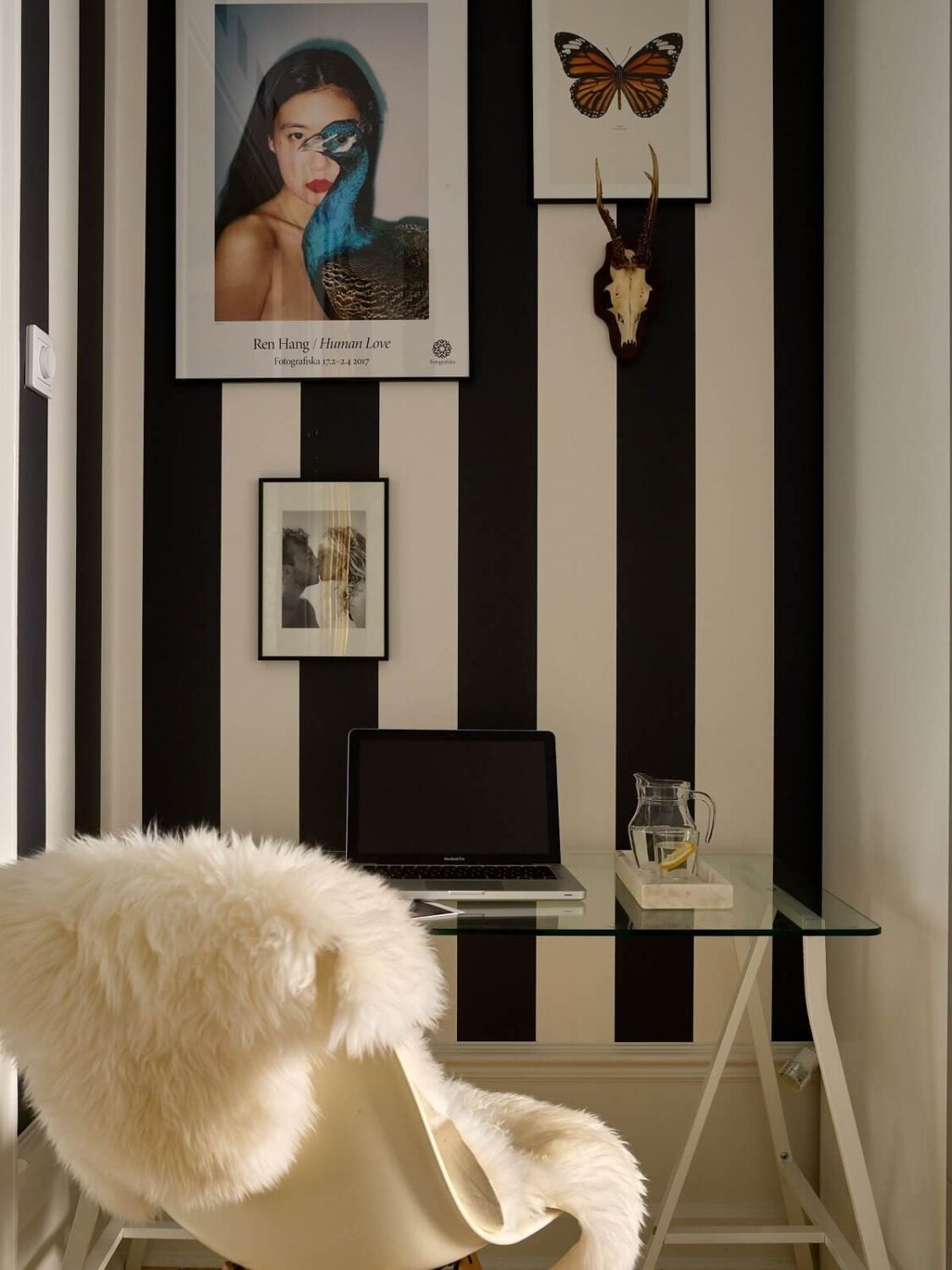 Best of 2024: Home Offices 13 glass desk with striped black and white wallpaper nordroom