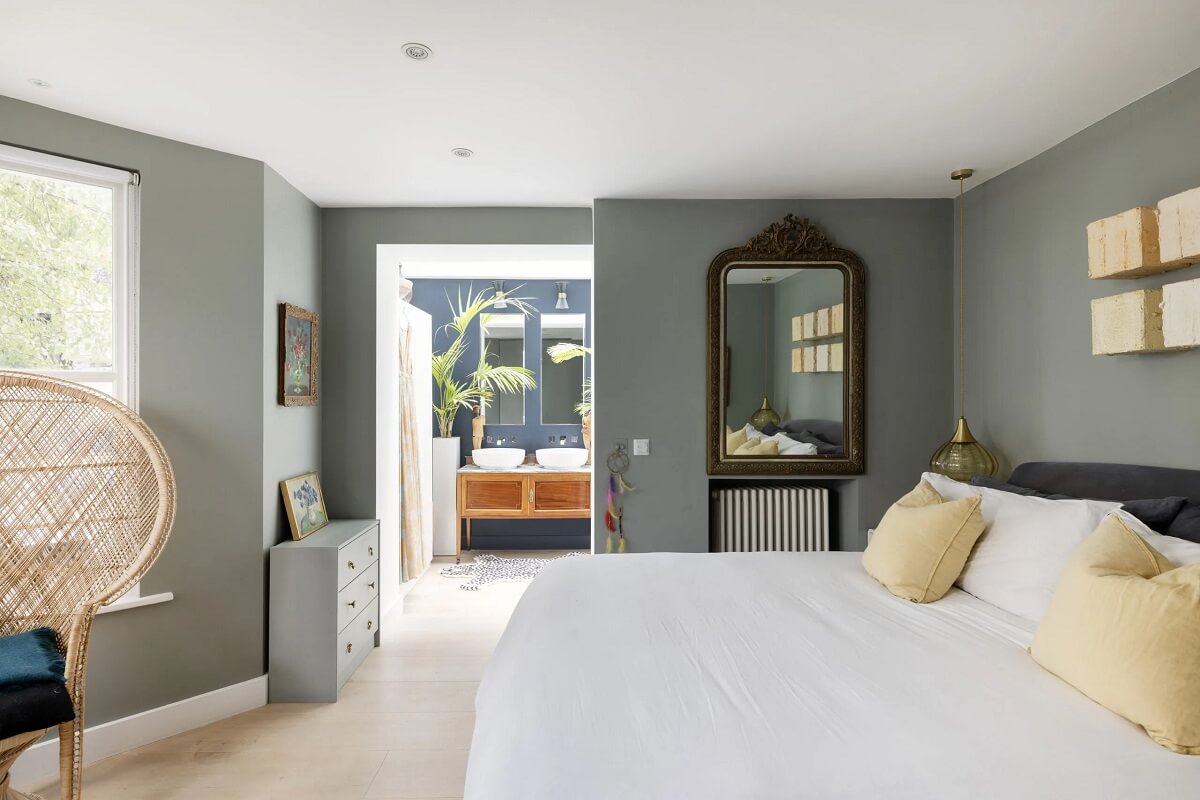 A Modern Apartment with Skylights in a Historic Building 12 gray bedroom with en suite bathroom