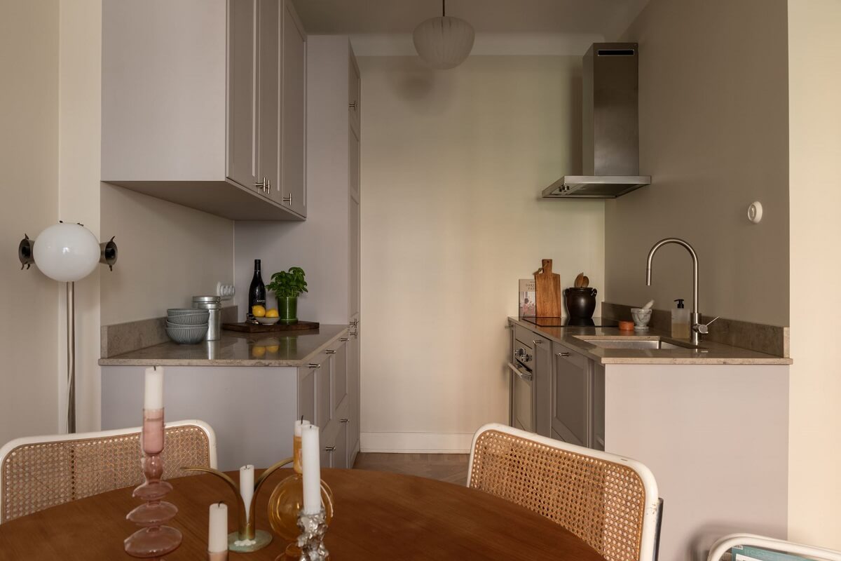 A Renovated Swedish Apartment with a Pink Bathroom 9 gray kitchen