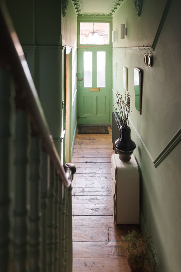 A London Home with Green Color Accents 10 hallway with green walls