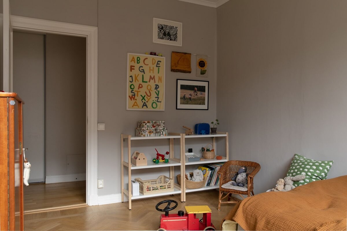 A Light Colored Swedish Apartment 20 kids bedroom storage gray walls
